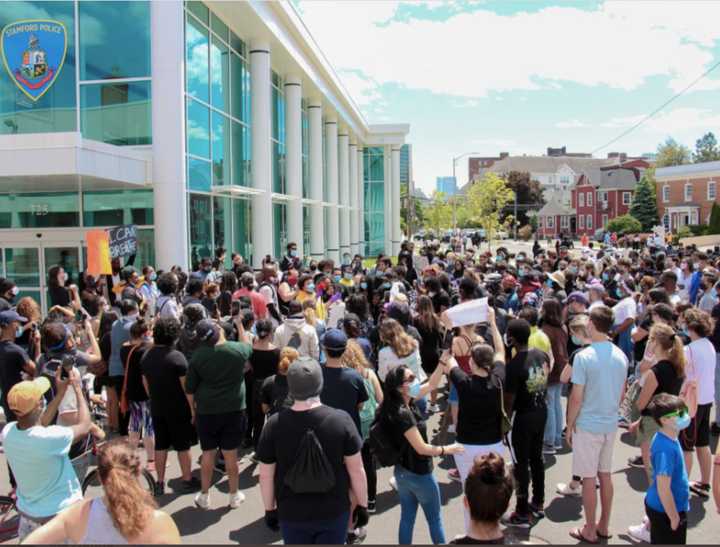 Protestors at the Stamford Police Department.