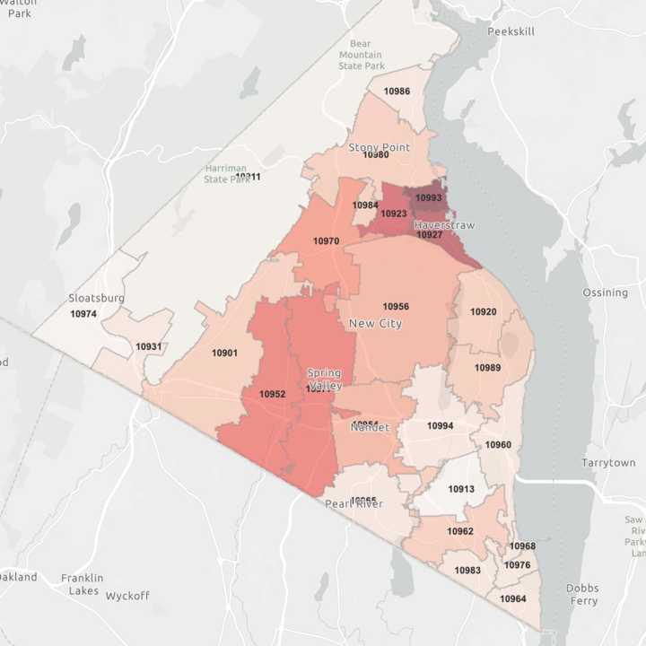 The Rockland County COVID-19 map on Monday, June 8 (darker shades represent more cases).