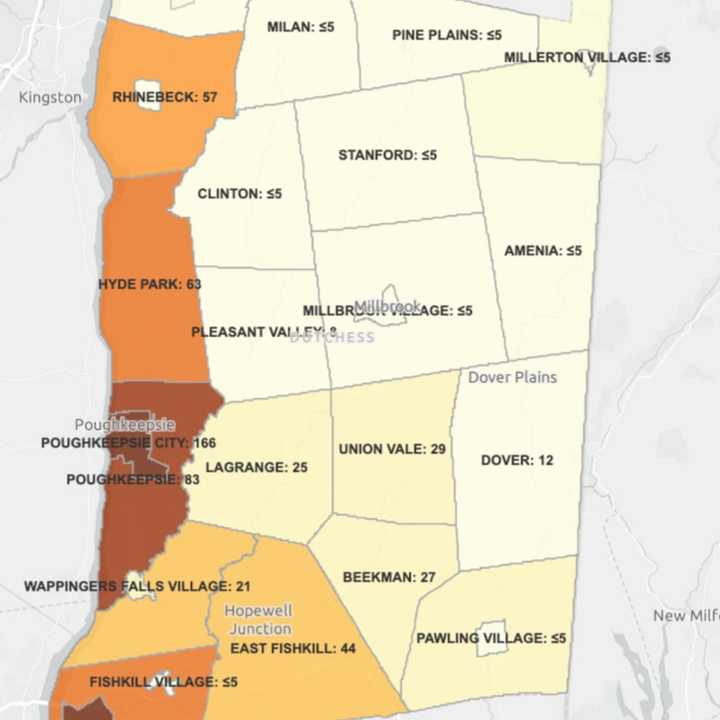 The Dutchess County COVID-19 map on Monday, June 8 (darker colors represent the highest cluster of cases).