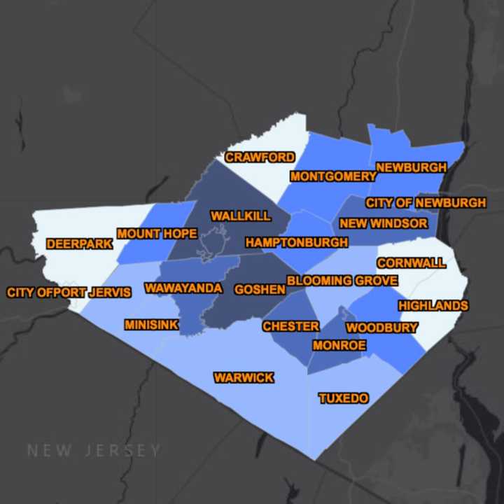 The Orange County COVID-19 map as of Monday, June 8 (darker shades represent more cases of the virus).