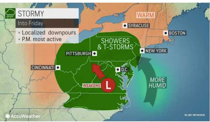 Showers and thunderstorms will move up from the south on Friday, June 19.