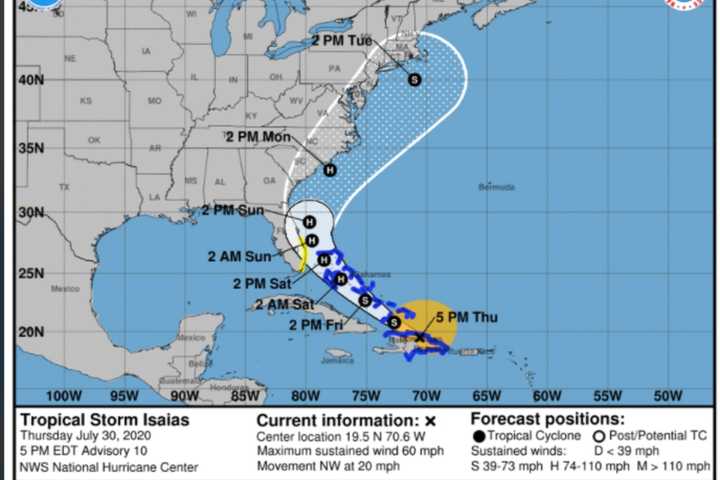 Newly Released Forecast Cone For Tropical Storm Isaias Includes CT