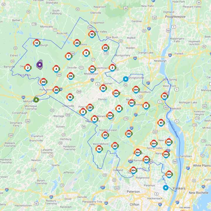 The Orange &amp; Rockland outage map as of 10:25 a.m. on Wednesday, Aug. 5.