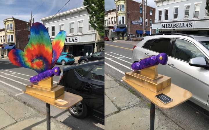 Artist Mark Smith hopes to reattach the sheared wings of his &quot;Spirit of Woodstock&quot; butterfly.