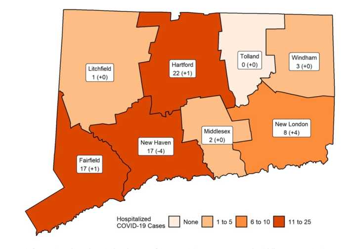 The number of COVID-19 patients hospitalized in each Connecticut county on Tuesday, Sept. 22.