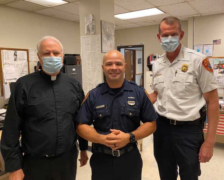 Officer Christian Vidal is patrolling once more after he was struck by a drunk driver while on-duty and placed into a medically-induced coma (pictures beside Chief of Department Stuart Cameron)