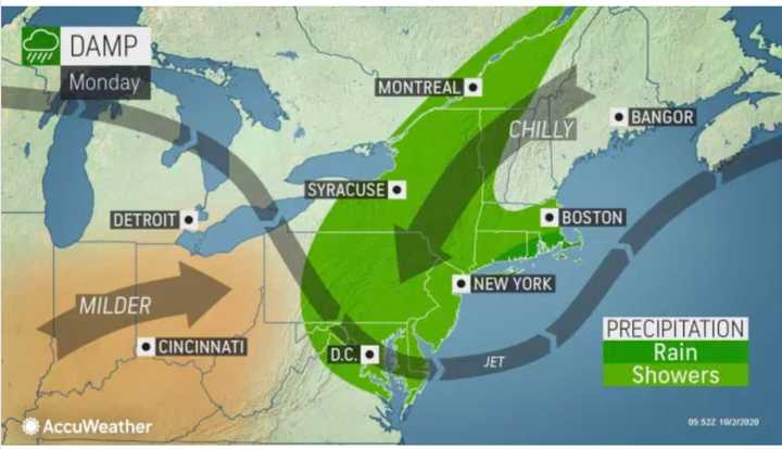 Showers will arrive overnight and continue with rain also possible on Monday, Oct. 5.