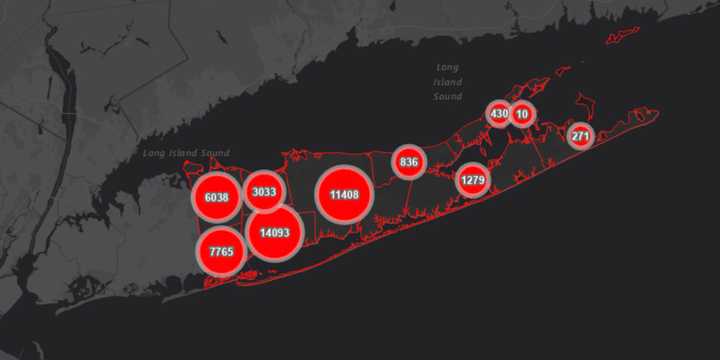 The Suffolk County COVID-19 map on Thursday, Oct. 15.