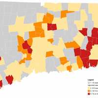 <p>The average daily rate of #COVID19 cases in Connecticut per 100,000 population by town.</p>