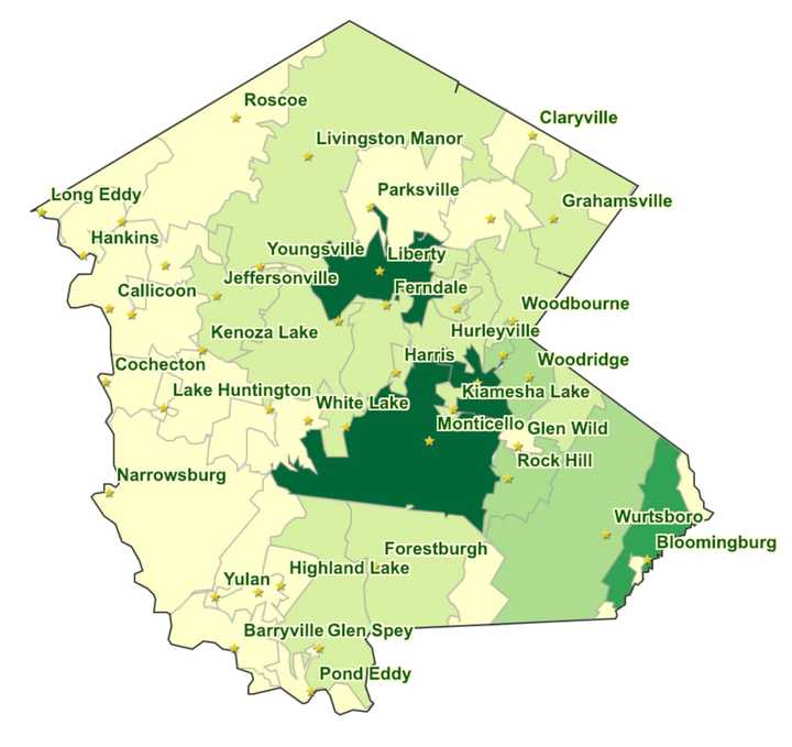 The Sullivan County COVID-19 map (darker regions represent more active cases) as of Friday, Oct. 30.