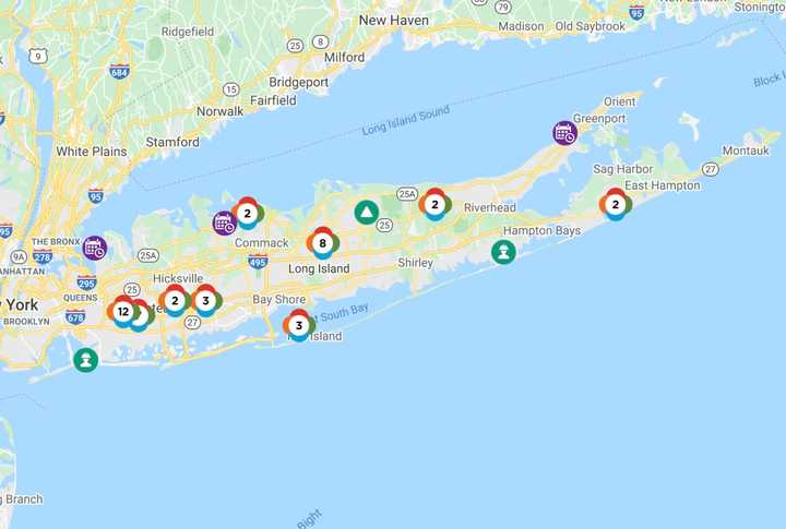 The PSEG Long Island outage map more than 24 hours after the wind storm on Tuesday, Nov. 3.