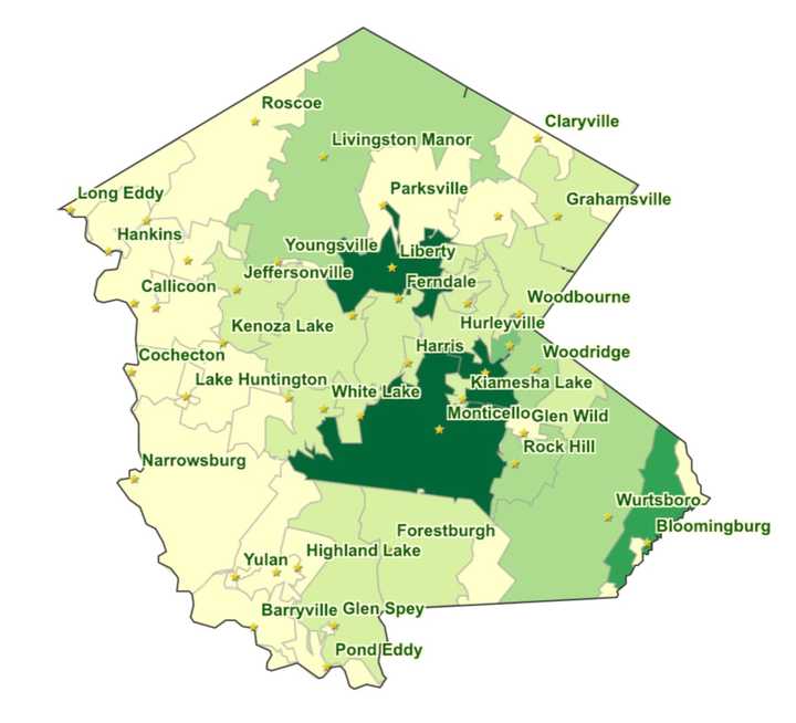 The breakdown of COVID-19 cases in Sullivan County as of Wednesday, Nov. 5 (darker shades represent the most cases).