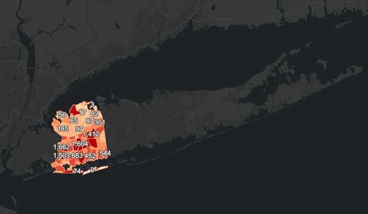 The Suffolk County COVID-19 map on Thursday, Nov. 19.