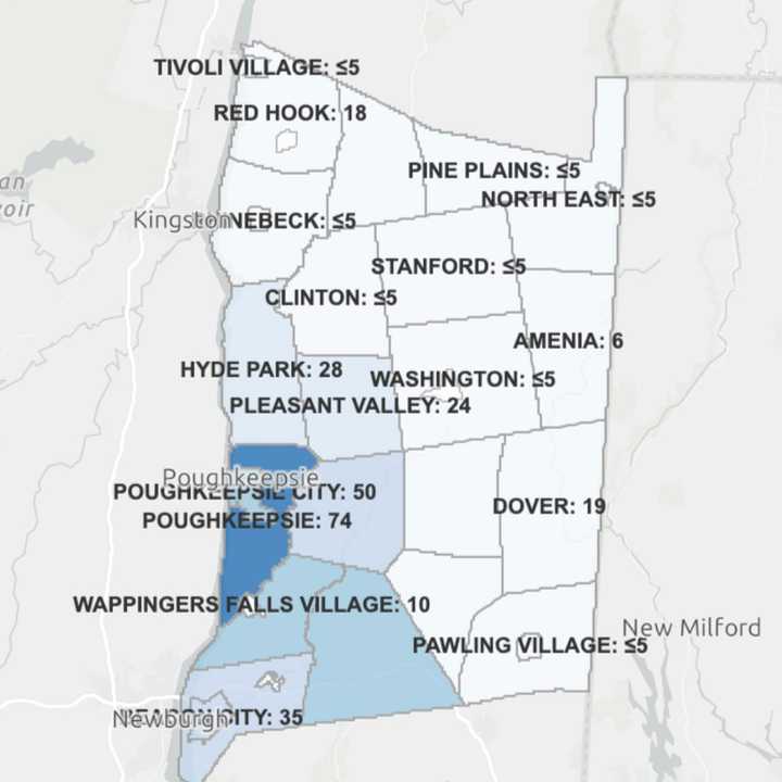 The breakdown of active COVID-19 cases (darker areas represent more cases) in Dutchess County on Friday, Nov. 20.