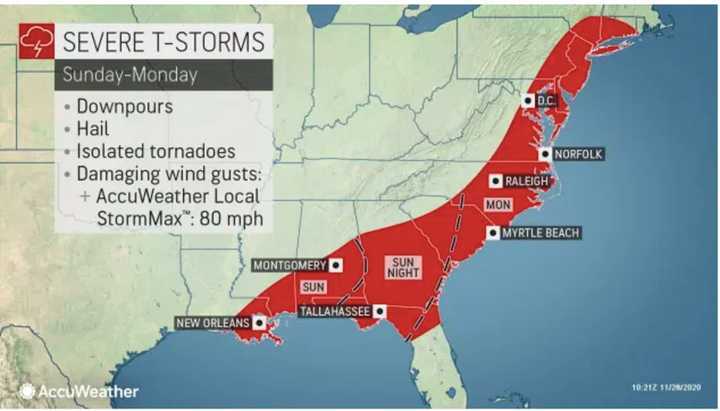 The storm system will be accompanied by downpours, hail, isolated tornadoes, and damaging wind gusts.