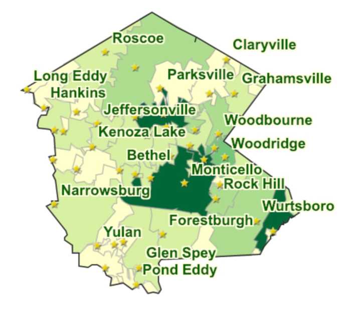 The Sullivan County COVID-19 map (darker shades represent more cases) on Friday, Dec. 4.