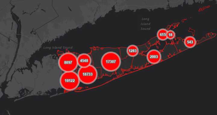 The Suffolk County COVID-19 map on Tuesday, Dec. 8.