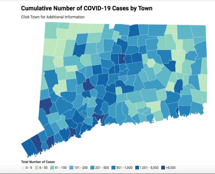 A look at COVID cases by community in Connecticut.