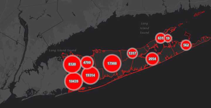 The Suffolk County COVID-19 map on Wednesday, Dec. 9.