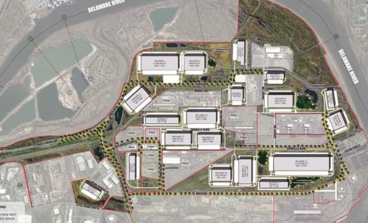 Artist&#x27;s rendering of planned redevelopment of the U.S. Steel site in Bucks County.