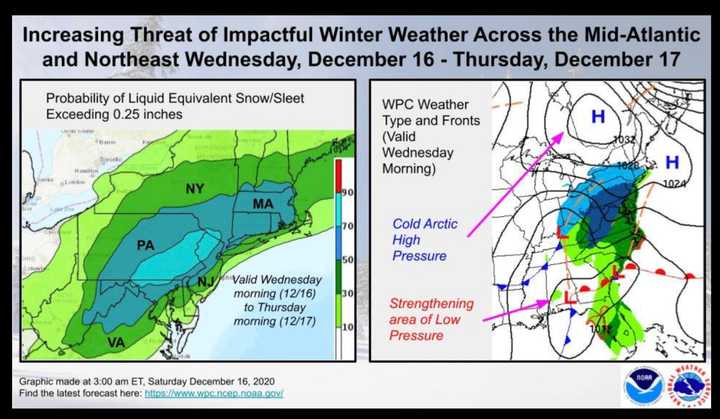 A look at the potential -- by percentages -- of snow and sleet on Wednesday, Dec. 16 into Thursday, Dec. 17.