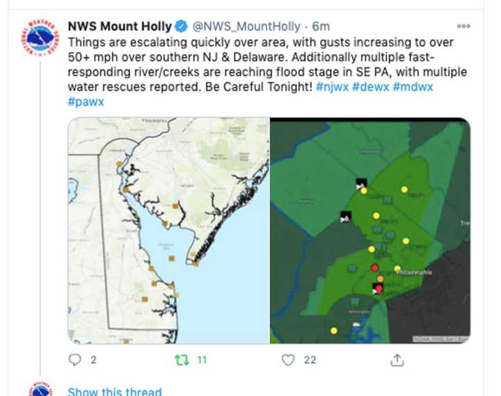 Strong wind gusts and flash flood warnings were issued by the National Weather Service out of Mount Holly for South Jersey and parts of Pennsylvania.