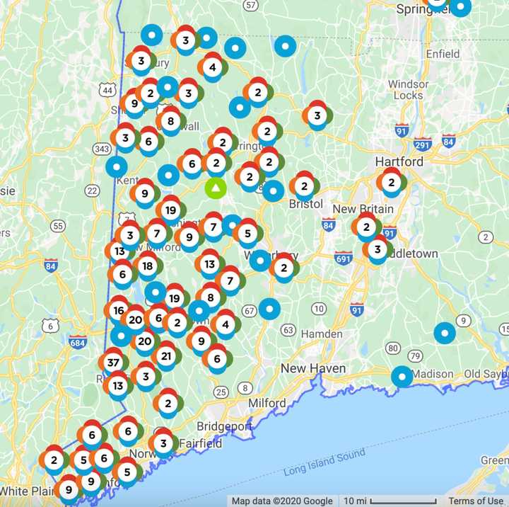 A look at the Eversource power outage map at around 9:30 a.m. Saturday, Dec. 26.