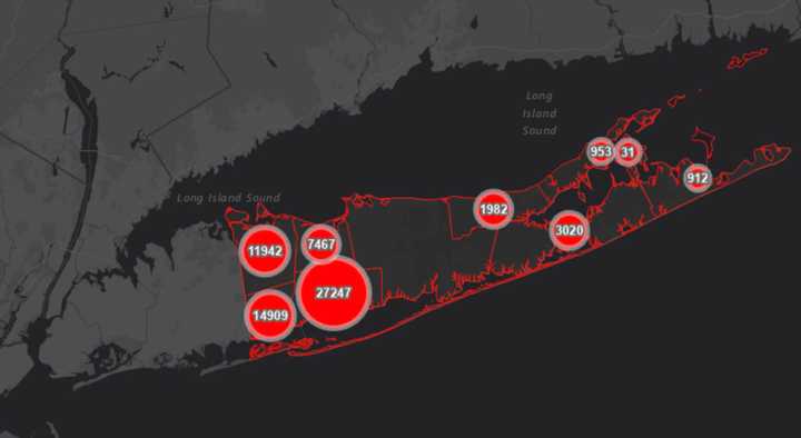 The Suffolk County COVID-19 map on Wednesday, Jan. 6.