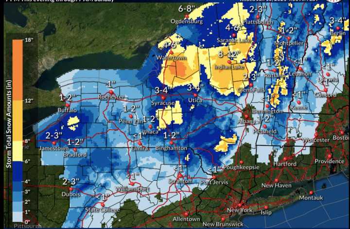 A look at projected snowfall totals for the storm system that will sweep through the area Friday night, Jan. 15 into Saturday, Jan. 16.