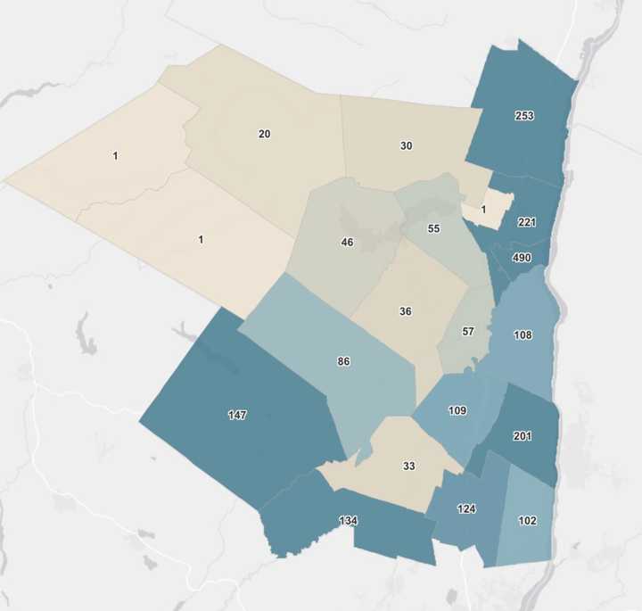 The Ulster County COVID-19 map on Wednesday, Jan. 20.