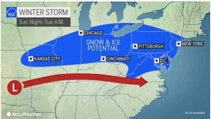 A look at the current projected track of the winter storm early next week.