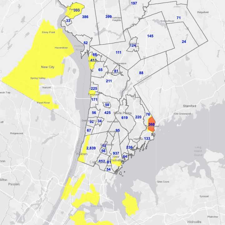 The Westchester COVID-19 map on Monday, Jan. 25.