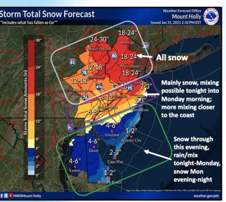 Snow predictions across NJ and PA for Nor&#x27;easter expected Jan. 31.