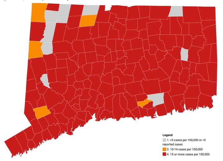 This map shows the average daily rate of new cases of COVID-19 by town during the past two weeks. Only cases among persons living in community settings are included in this map.