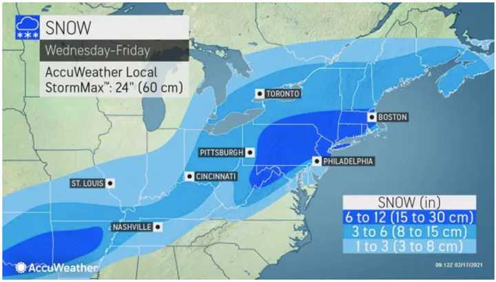 A look at projected snowfall totals on Thursday, Feb. 18 from AccuWeather.