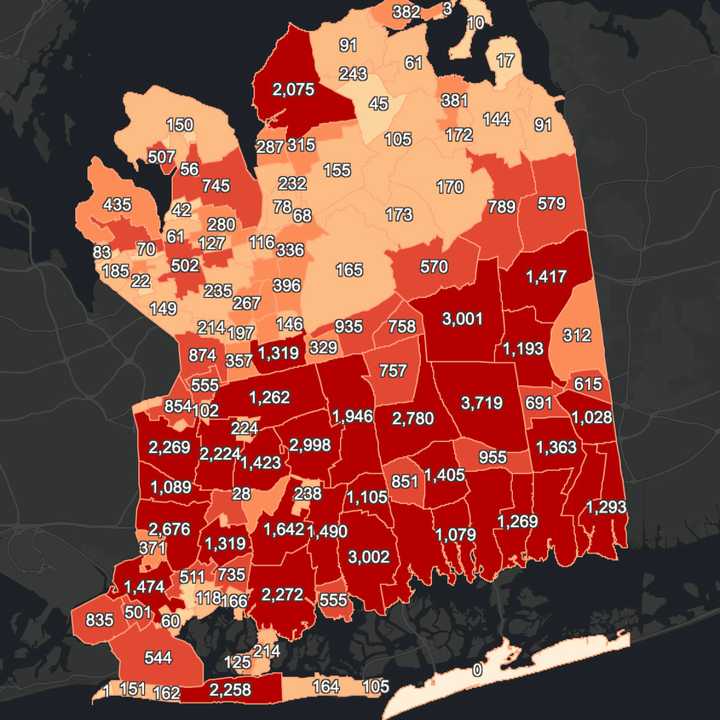 The Nassau County COVID-19 map on Thursday, Feb. 18.