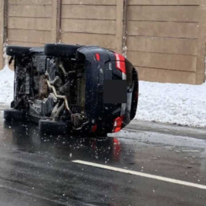 A car overturned on Route 80 Friday morning in Morris County.