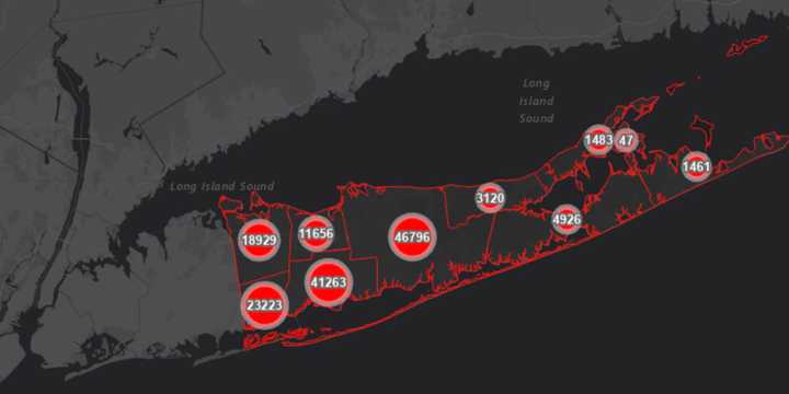 The Suffolk County COVID-19 map on Monday, March 8.