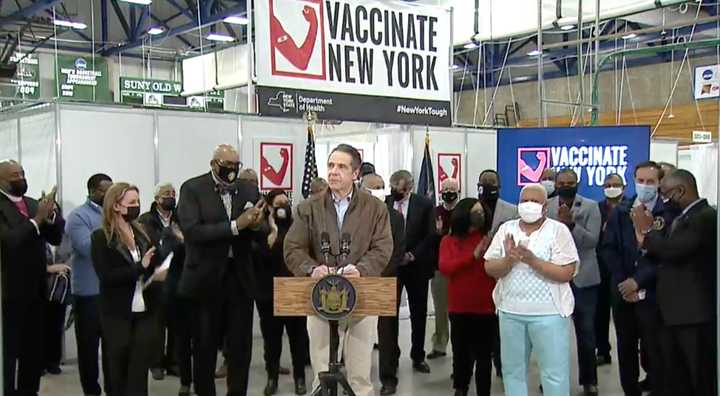 New York Gov. Andrew Cuomo at the mass COVID-19 vaccination site in Old Westbury on Monday, March 15.