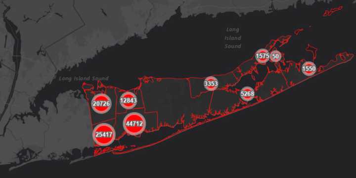 The Suffolk County COVID-19 map on Wednesday, March 31.