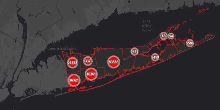 The Suffolk County COVID-19 map on Thursday, April 8.