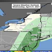 <p>A look at areas (in darker green) where there is a higher risk of severe thunderstorms on Wednesday, April 21.</p>