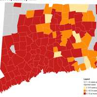 <p>This map shows the average daily rate of new cases of COVID-19 by town during the past two weeks</p>