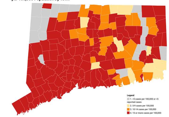 This map shows the average daily rate of new cases of COVID-19 by town during the past two weeks