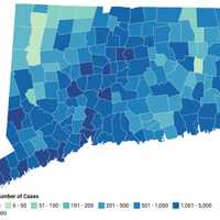 <p>This map shows the distribution of COVID-19 cases, deaths, and tests since the beginning of the pandemic. Darker colors indicate towns with more cases.</p>