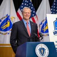 <p>Massachusetts Gov. Charlie Baker introducing the state&#x27;s &quot;VaxMillions&quot; lottery.</p>