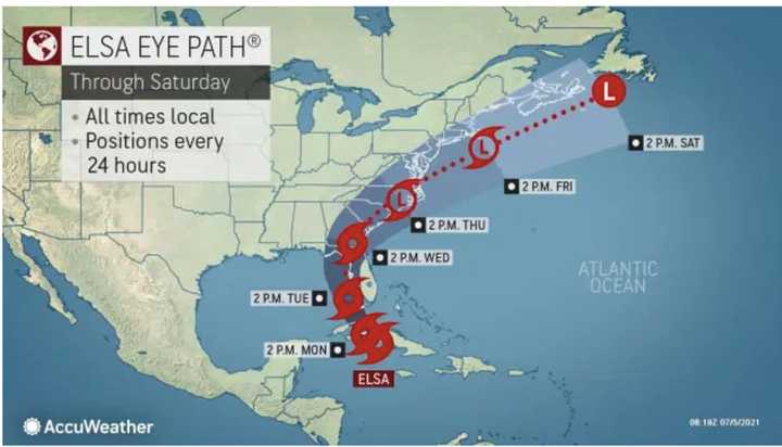 Tropical Storm Elsa&#x27;s path projected through Saturday, July 10.