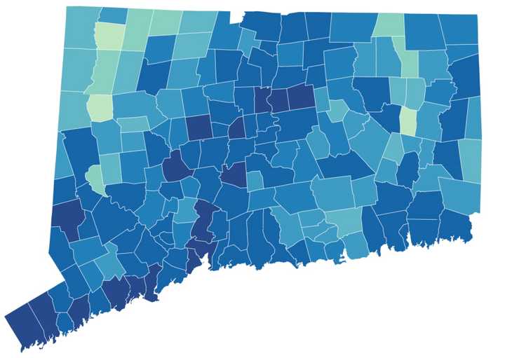 This map shows the distribution of COVID-19 cases, deaths, and tests since the beginning of the pandemic. Darker colors indicate towns with more cases