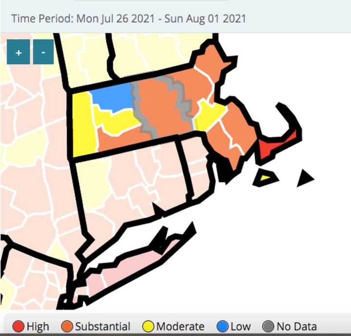 A CDC map showing Massachusetts counties with high (dark red) and substantial transmission rates (orange) between Monday, July 26 and Sunday, Aug. 1.