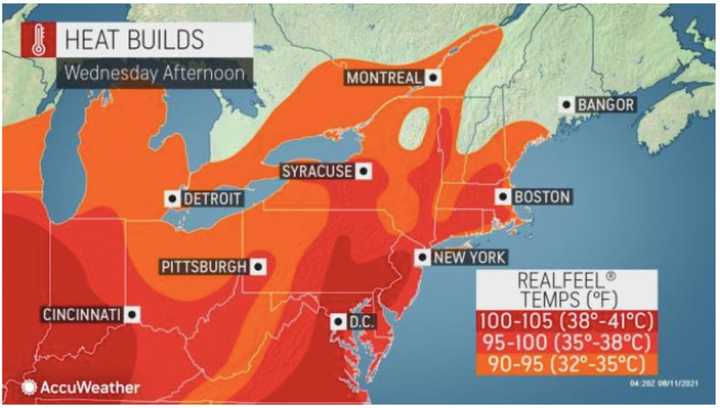 Heat indices will be 100 degrees or more in much of the region starting on Wednesday, Aug. 11.